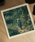 Mockup wall art print of traveler in forest with Green and Blue palette