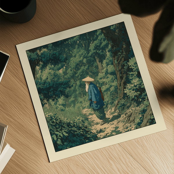 Mockup wall art print of traveler in forest with Green and Blue palette