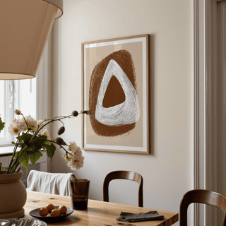 Boho Geometric Art Print leaning against a wall on wooden shelf