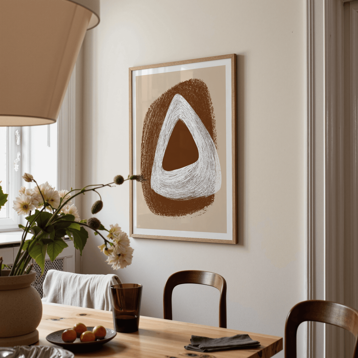 Boho Geometric Art Print leaning against a wall on wooden shelf