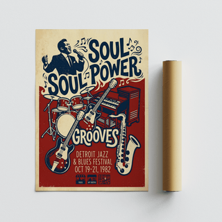 Music-themed wall art print with layered instruments and distressed retro texture