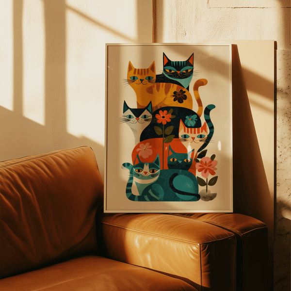 Colorful Cat Wall Art poster in multicolored scheme, great for creative home offices