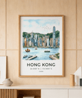 Illustrated Hong Kong harbor skyline poster with skyscrapers, birds, and coordinate text