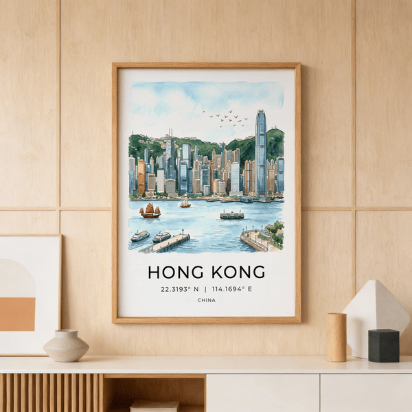 Illustrated Hong Kong harbor skyline poster with skyscrapers, birds, and coordinate text