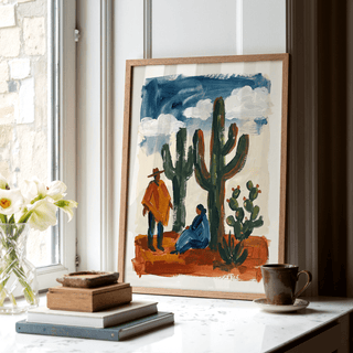Vivid Blue and Green Desert Cactus Wall Art print for entryway décor