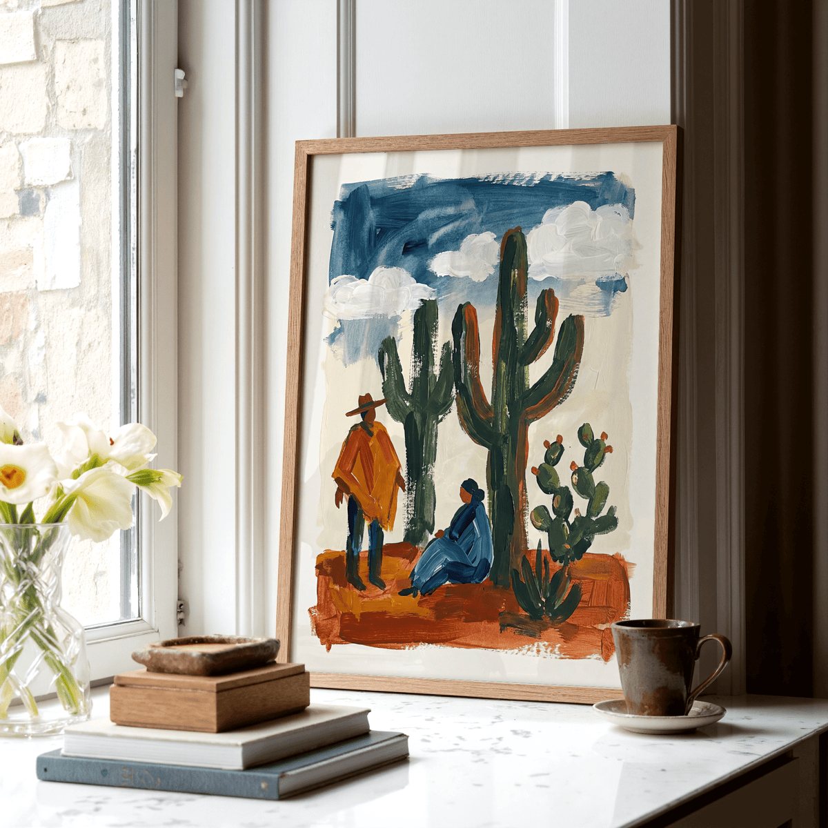 Vivid Blue and Green Desert Cactus Wall Art print for entryway décor