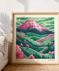 Japanese landscape featuring Mount Fuji and pink cherry blossoms.