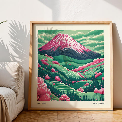 Japanese landscape featuring Mount Fuji and pink cherry blossoms.