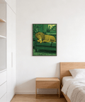 Sleeping Lion Print wall art showing a lion lying across a couch with detailed stitching and cushions
