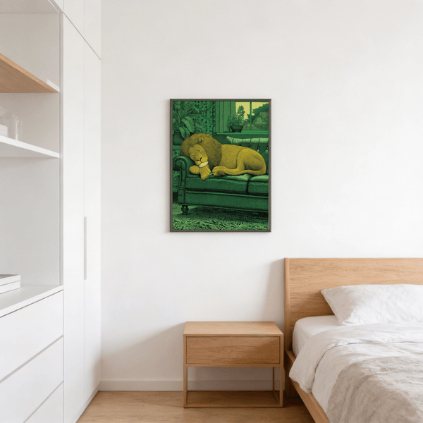 Sleeping Lion Print wall art showing a lion lying across a couch with detailed stitching and cushions