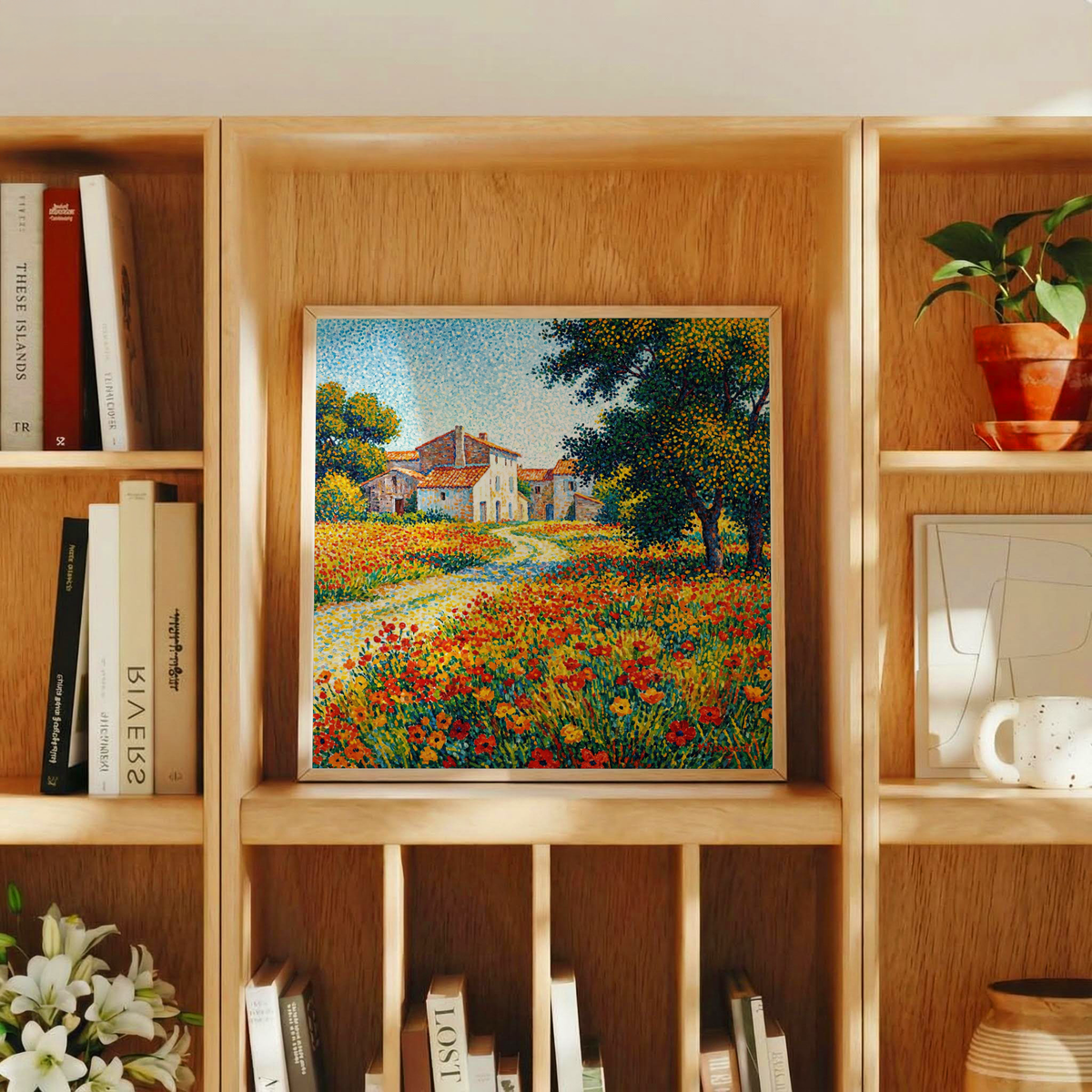 Flower Field Art Print in blue and red for entryway art print décor