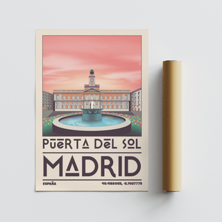 Art print poster of Puerta del Sol Madrid with centered fountain and gradient sky bands