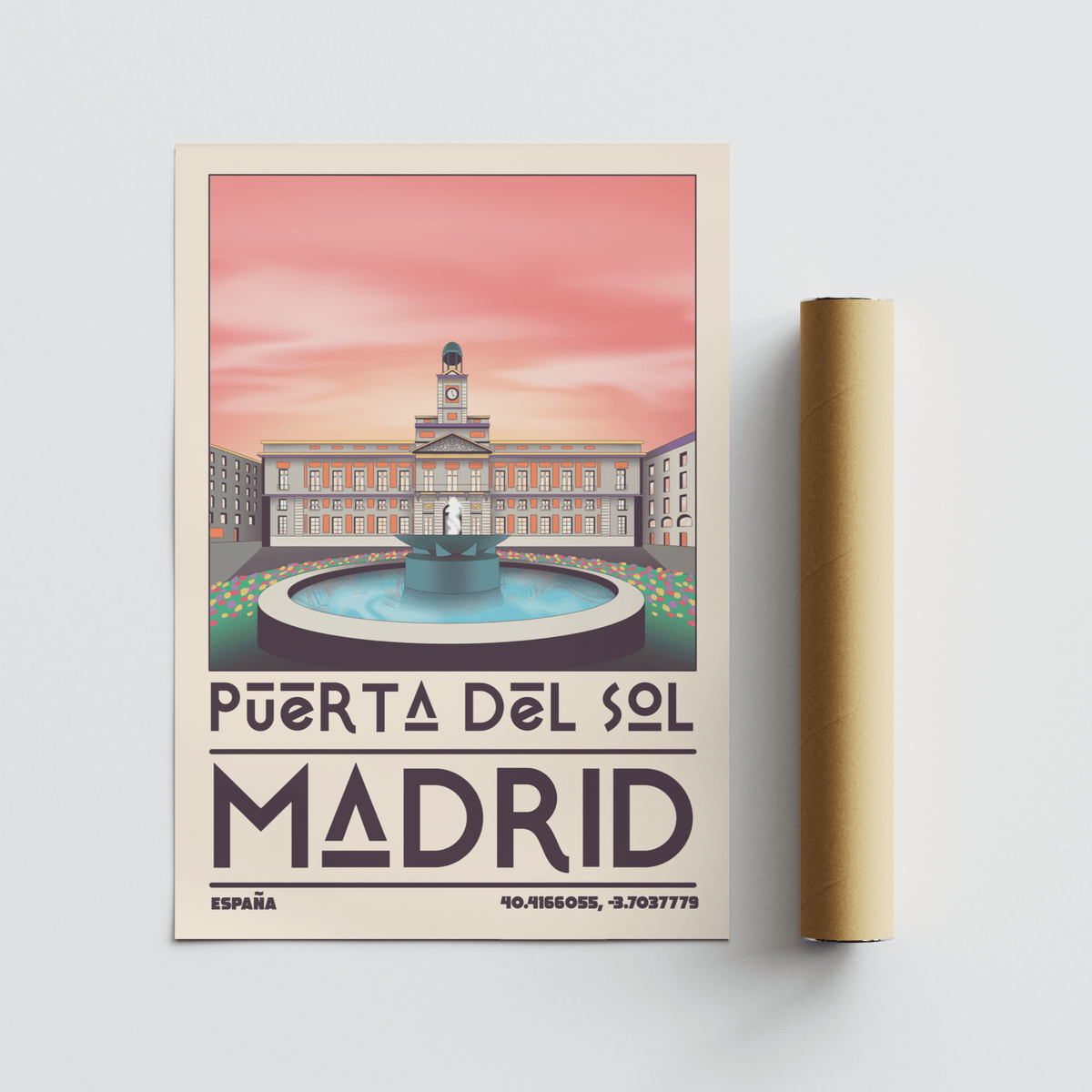 Art print poster of Puerta del Sol Madrid with centered fountain and gradient sky bands