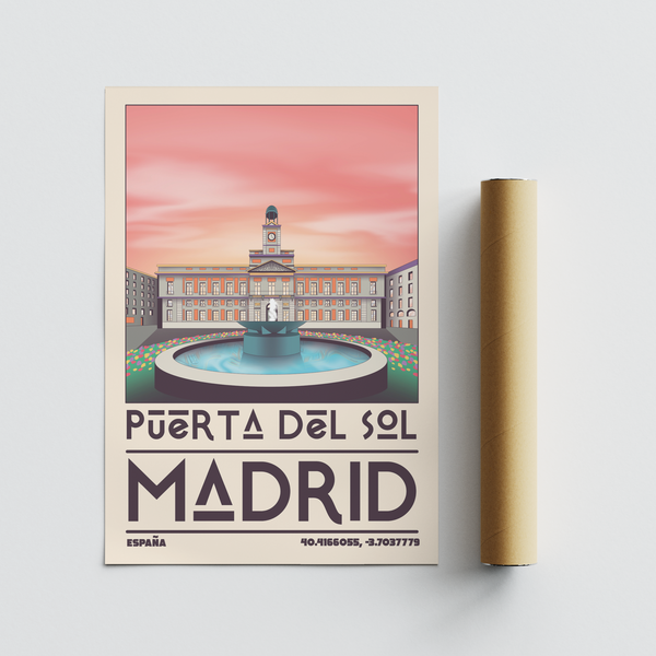 Art print poster of Puerta del Sol Madrid with centered fountain and gradient sky bands