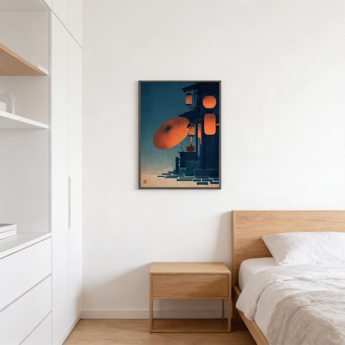 Nighttime alley wall art print with paper lanterns and wet paving stones