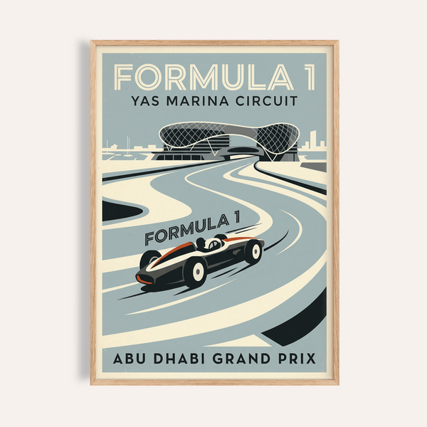 Front view of Formula 1 Wall Art poster showing Yas Marina Circuit race car and sweeping track lines