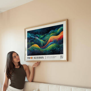 Colorful Kusama-style horizontal abstract art for contemporary decor