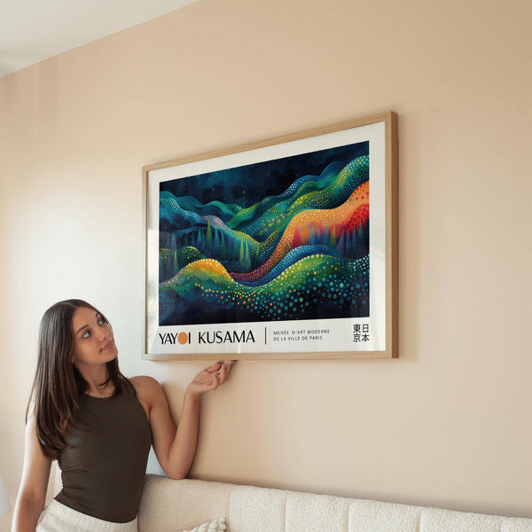 Colorful Kusama-style horizontal abstract art for contemporary decor