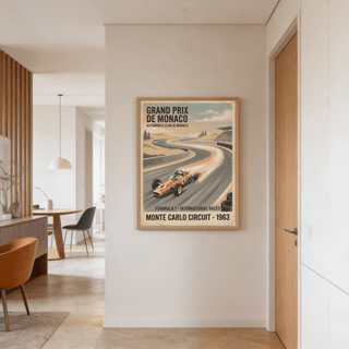 Monaco track illustration print with stylized clouds, distant hills, and grandstand details