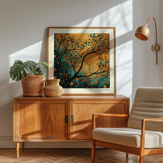 Bold orange and teal wall art featuring flowing patterns and dotted textures