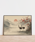 Japanese Art Poster with red sun and green foliage for hallway wall art