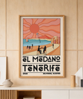 Stylized coastal wall art print of El Medano Tenerife with kite surfer, sailboat, and large sun graphic