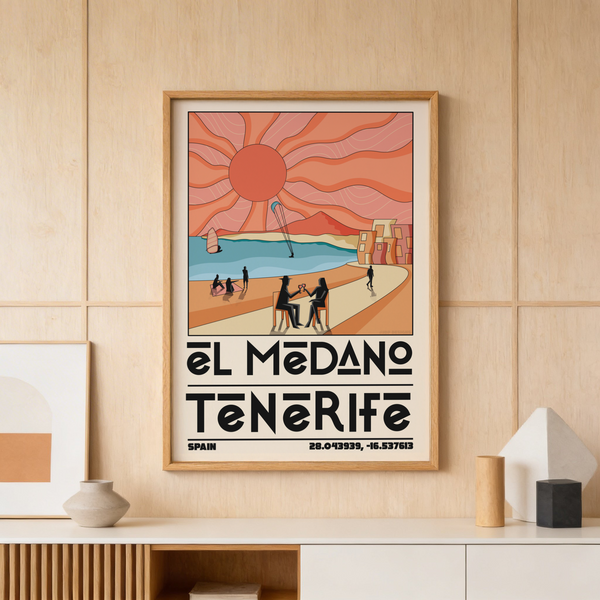 Stylized coastal wall art print of El Medano Tenerife with kite surfer, sailboat, and large sun graphic