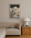 Japanese Art Mountains poster, Green, Black, Beige, Yellow, for a dining room centerpiece