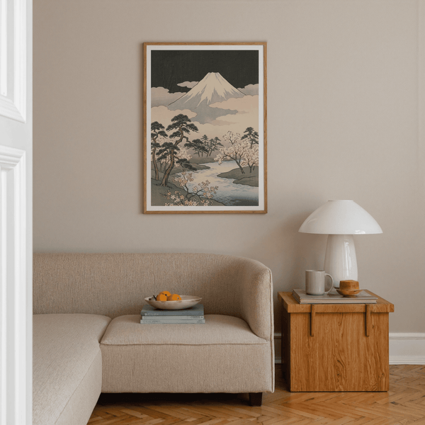 Japanese Art Mountains poster, Green, Black, Beige, Yellow, for a dining room centerpiece