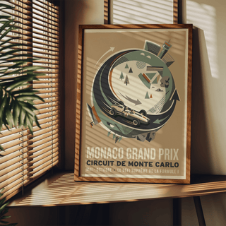 Centered motorsport print featuring a sweeping ring track, rocky shapes, and small tree icons