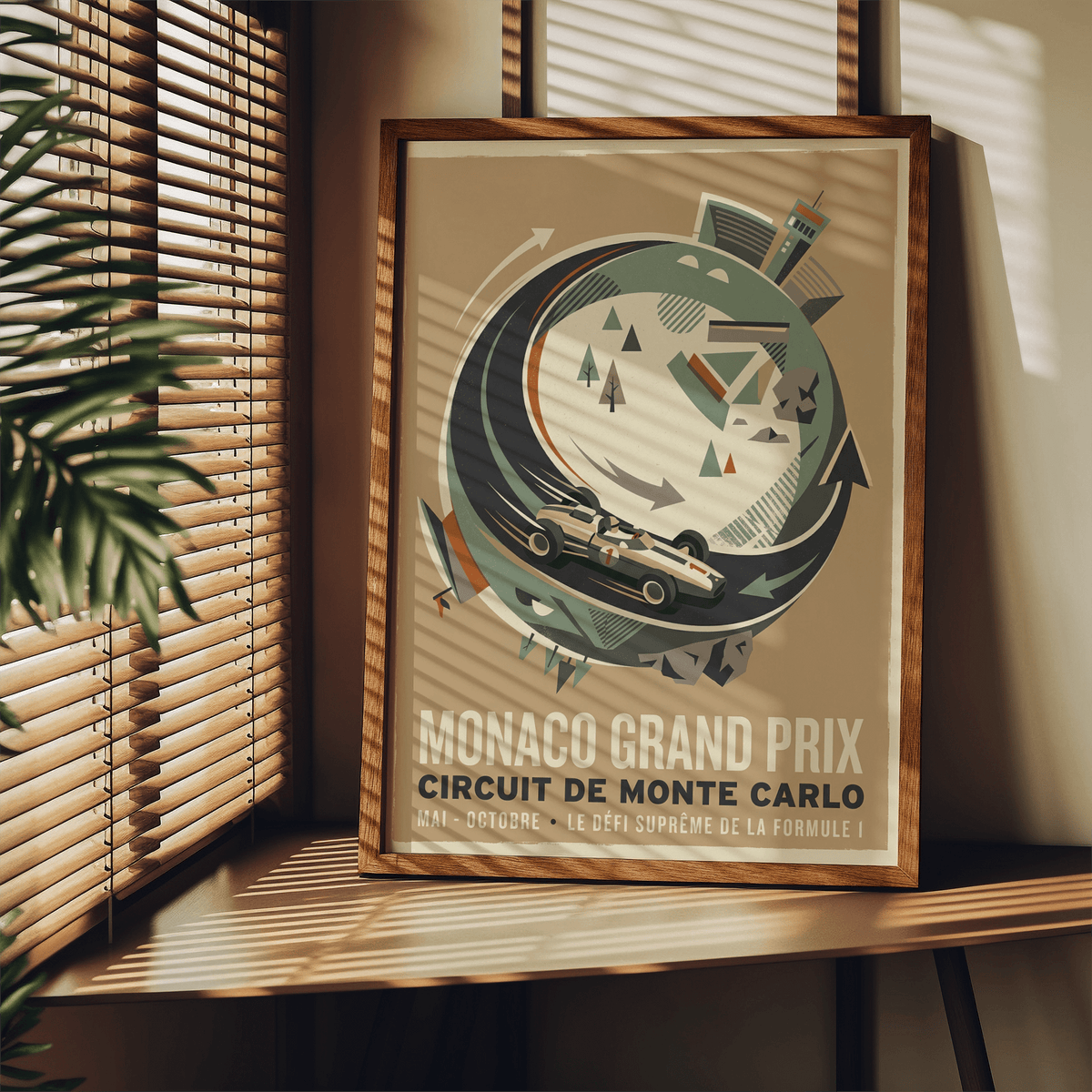 Centered motorsport print featuring a sweeping ring track, rocky shapes, and small tree icons