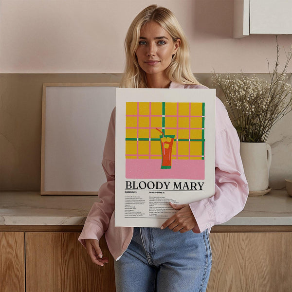 Bloody Mary retro drink poster with tomato juice recipe and stylized garnish.
