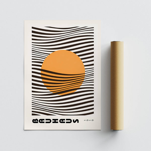 Abstract bauhaus print featuring orange and black tones for home interiors