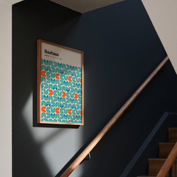 Graphic wall art poster with Bauhaus pattern in a retro-inspired palette.