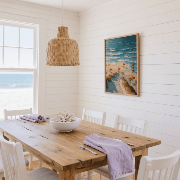 Beach Lighthouse Print featuring red accents, ideal for entryway wall art