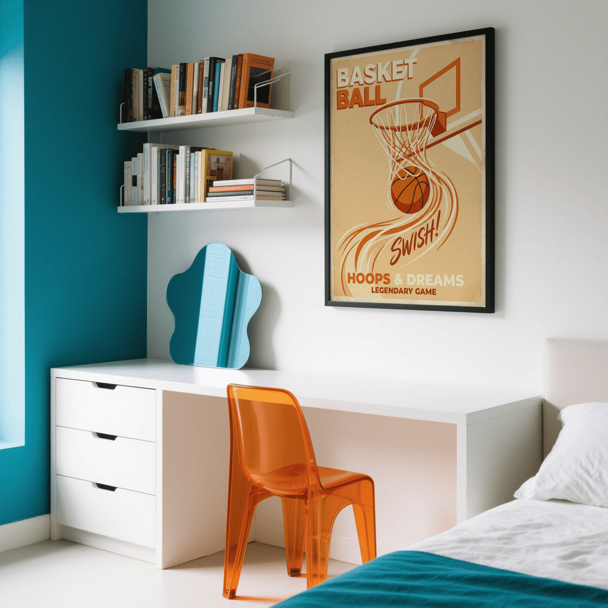 Vintage basketball poster graphic in muted Orange and Beige
