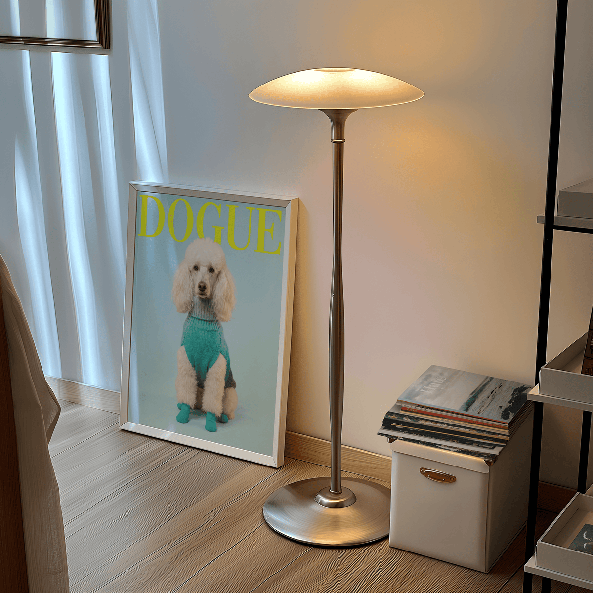Pet Wall Decor print, blue sweater dog, yellow text for entryway