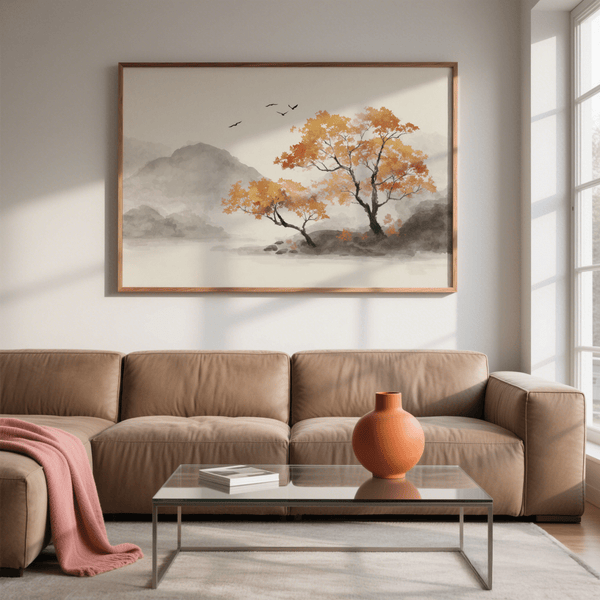 Calm lounge Autumn Tree Art Print in main colors orange, gray, white