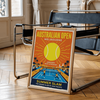Vintage tennis match print poster showing players on a court with crowd and palm trees