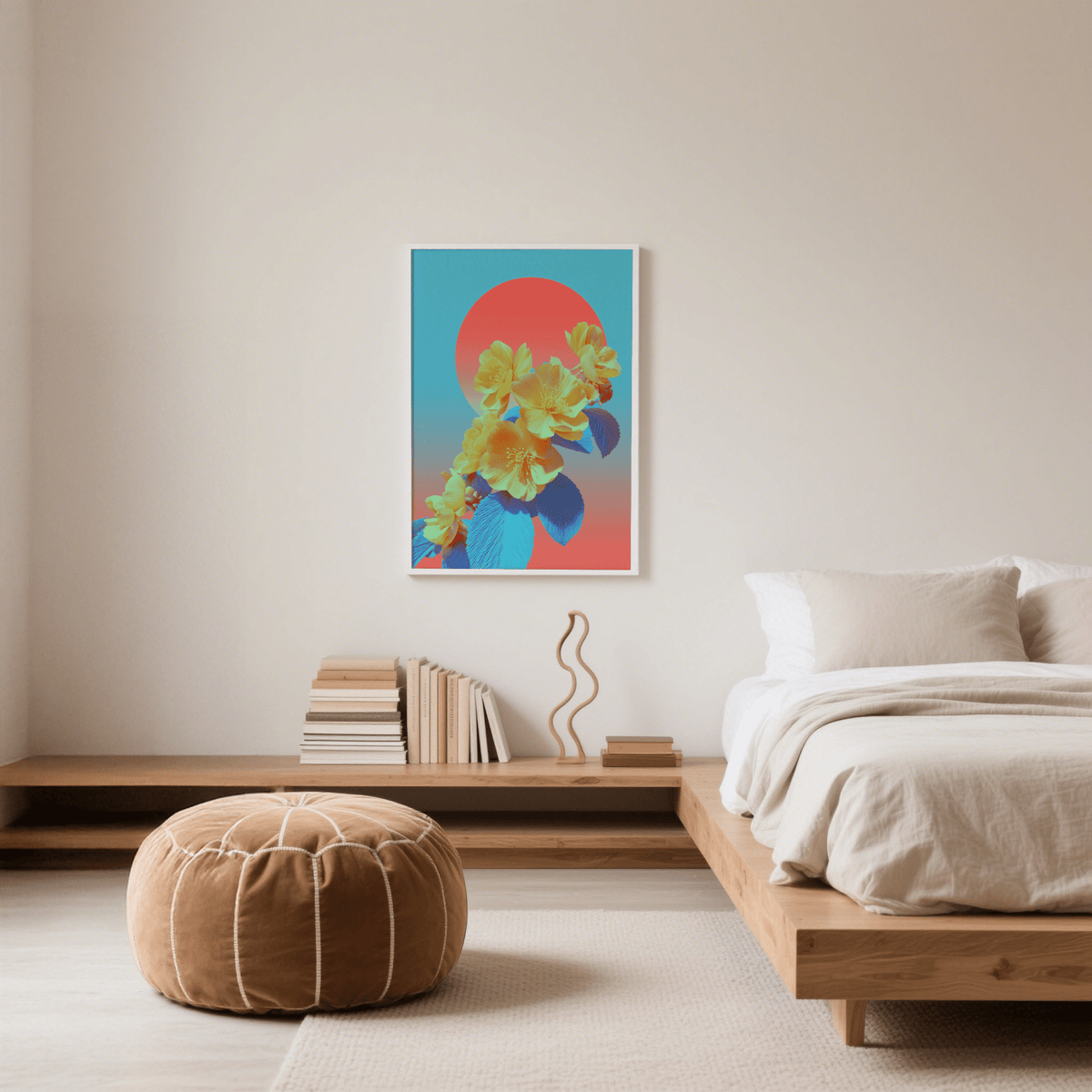 Vibrant Floral Wall Art in blue and red displayed as a dining room wall art print