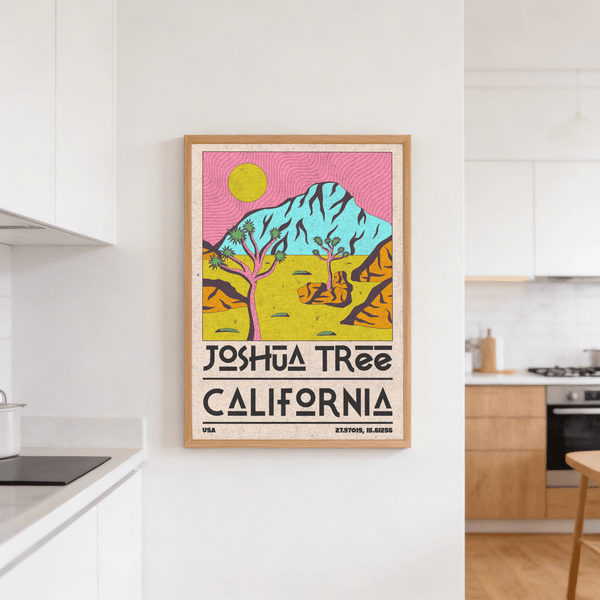 Colorful travel style print of California desert with geometric mountain ridge