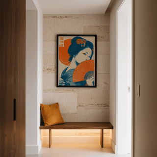 Retro Geisha Print wall decor featuring Orange Beige for entryway