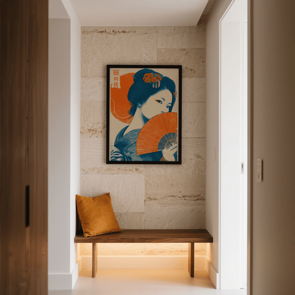 Retro Geisha Print wall decor featuring Orange Beige for entryway