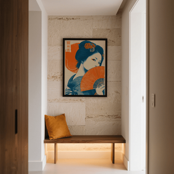 Retro Geisha Print wall decor featuring Orange Beige for entryway