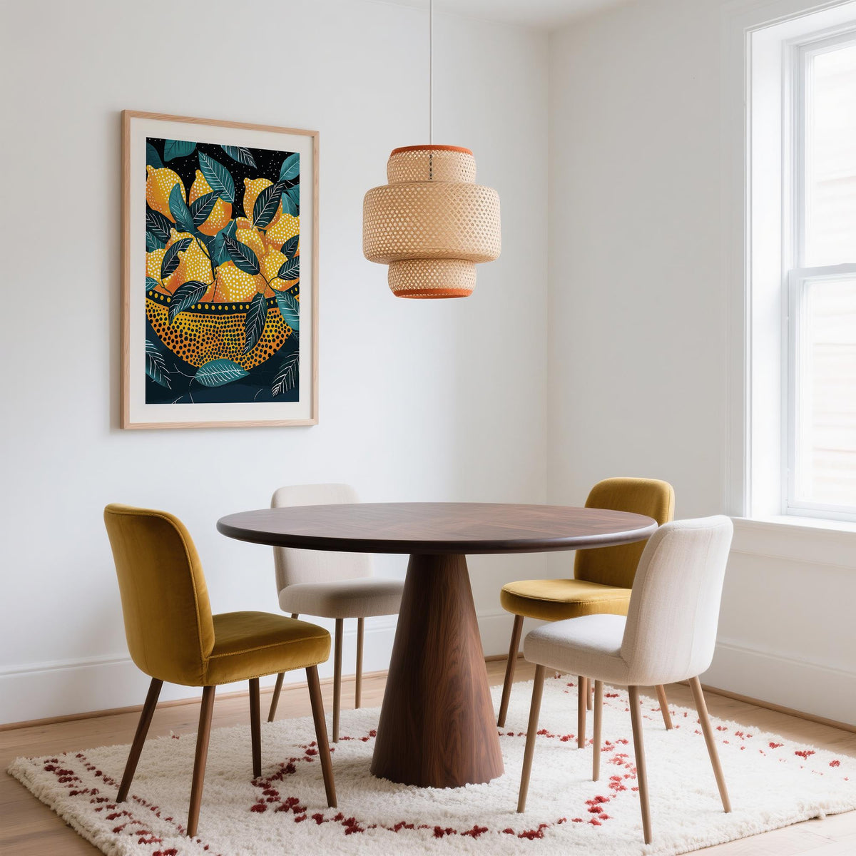 Lemon wall art featuring dot patterns and a vibrant citrus palette.