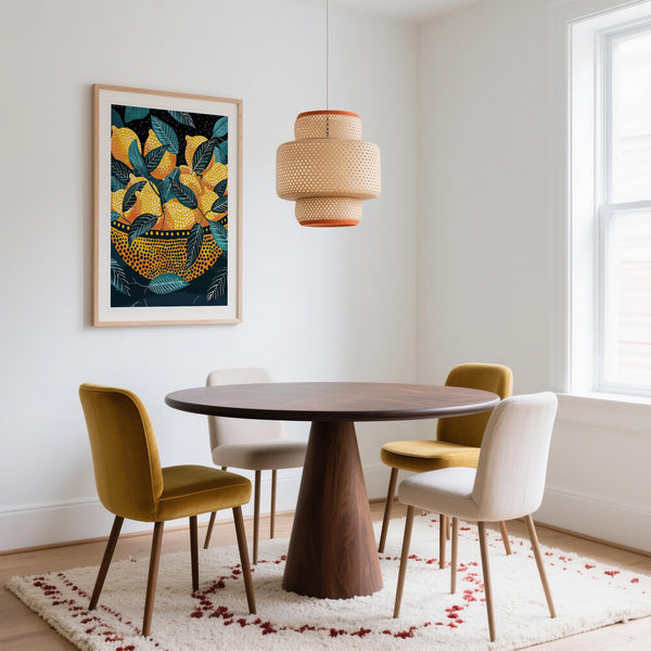 Lemon wall art featuring dot patterns and a vibrant citrus palette.