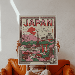 Japan Wall Art poster showing temples in a Green and Pink palette for lounge