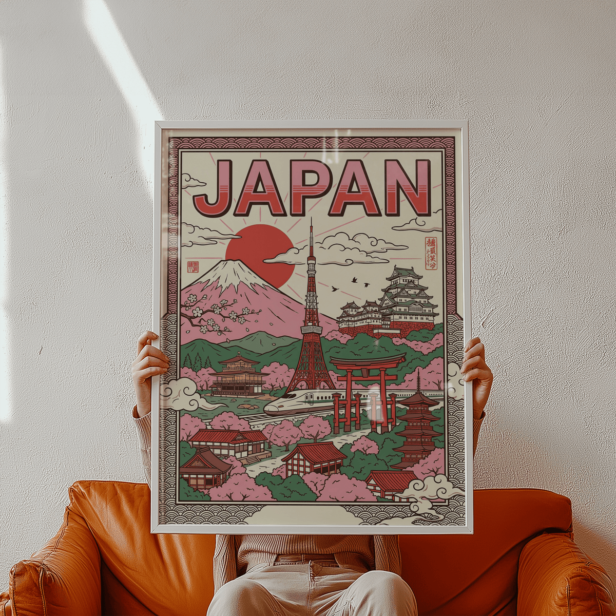 Japan Wall Art poster showing temples in a Green and Pink palette for lounge
