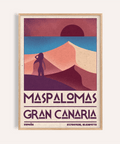 Maspalomas Vintage Wall Art travel poster with dunes, sun disk, and figure silhouette