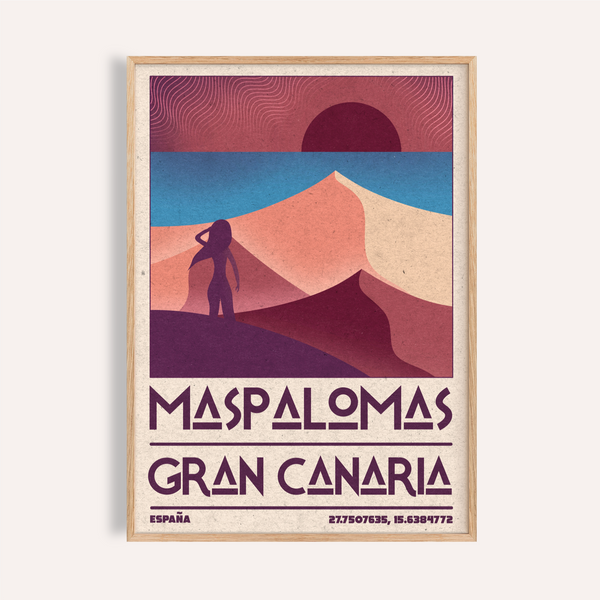 Maspalomas Vintage Wall Art travel poster with dunes, sun disk, and figure silhouette